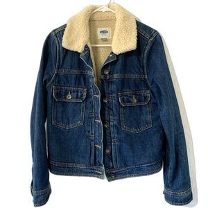 Sherpa-Lined Denim Trucker Jacket Sz M Dark Wash